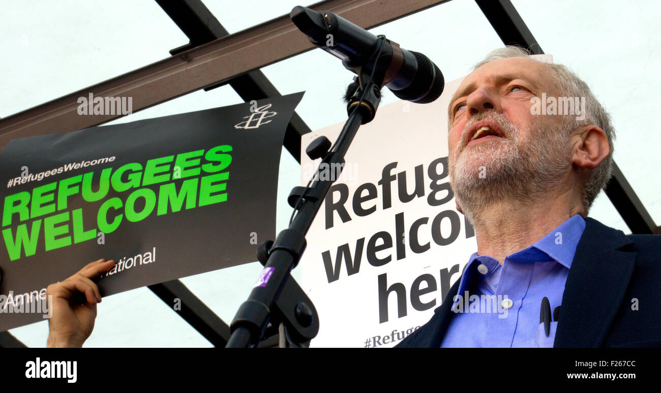 London, UK . 12th Sep, 2015. Jeremy Corbyn's first act as Labour leader was to  to attend a protest in support of refugees in Parliament Square London UK 12/9/15 Credit:  jacky chapman/Alamy Live News Stock Photo