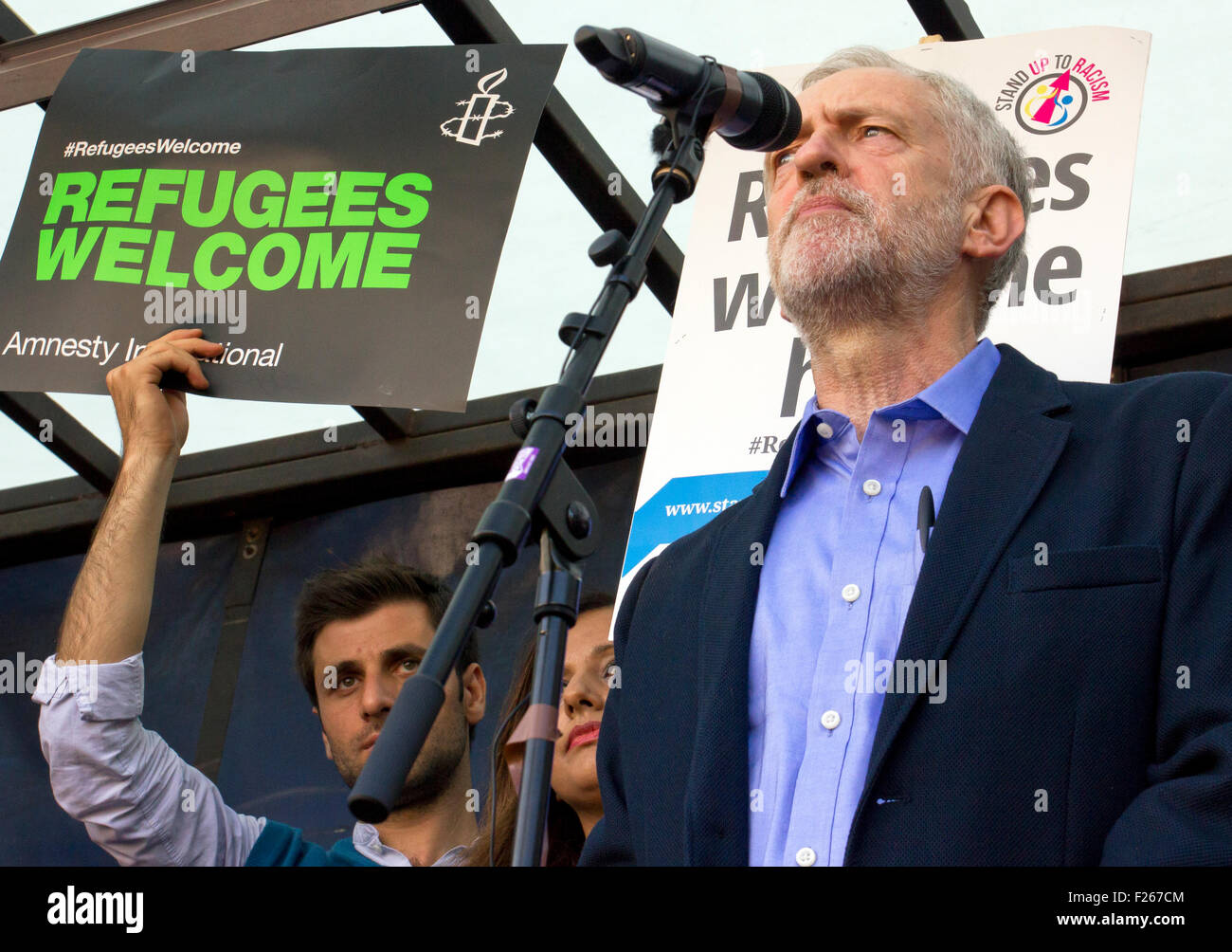 London, UK . 12th Sep, 2015. Jeremy Corbyn's first act as Labour leader was to  to attend a protest in support of refugees in Parliament Square London UK 12/9/15 Credit:  jacky chapman/Alamy Live News Stock Photo
