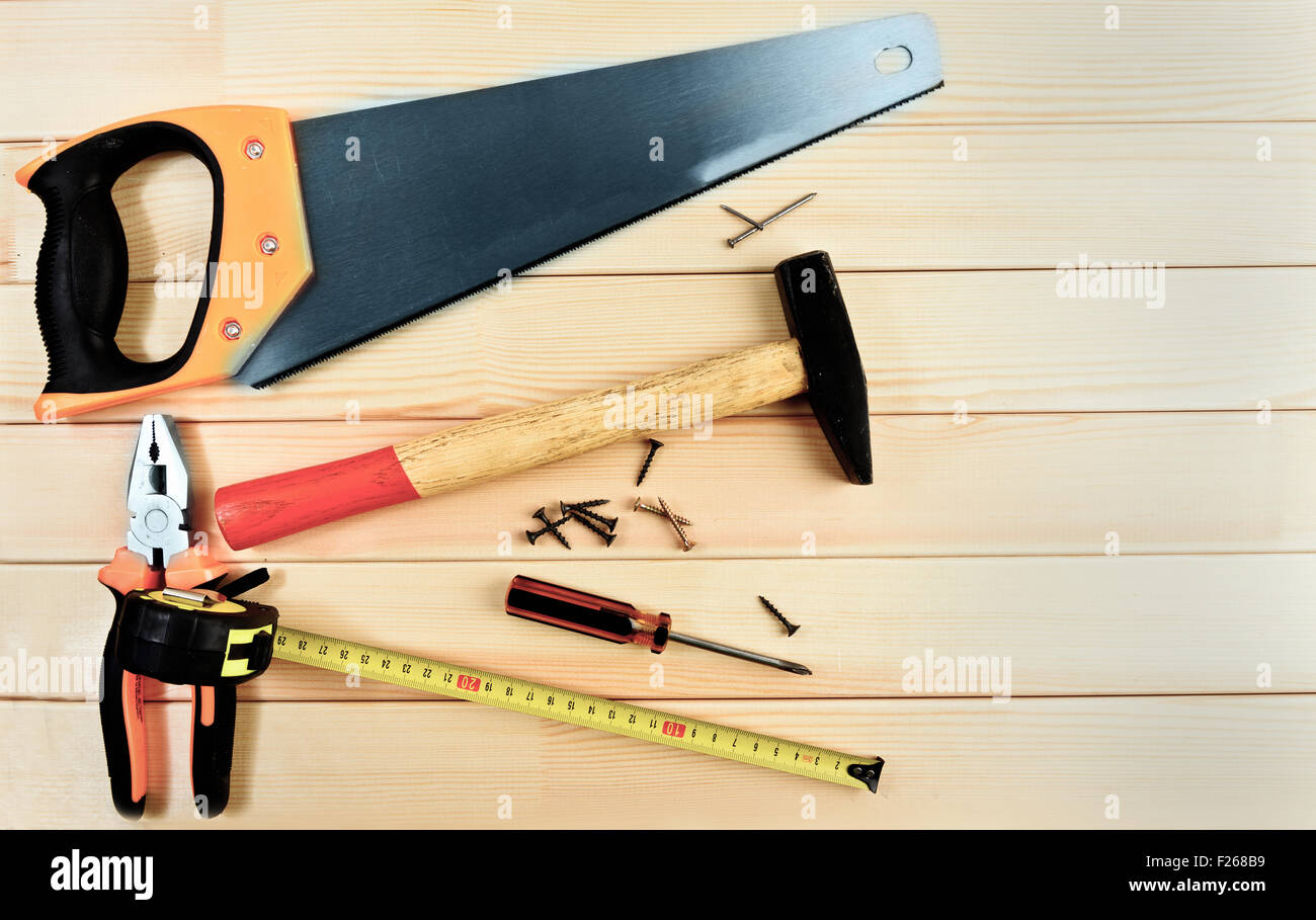 Tools on wooden floor hi-res stock photography and images - Alamy
