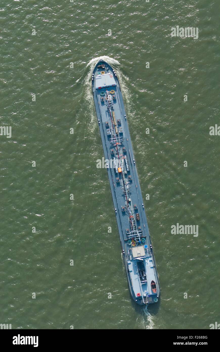 France, Bas Rhin (67), Strasbourg, Rhine river, oil barge (aerial view) Stock Photo