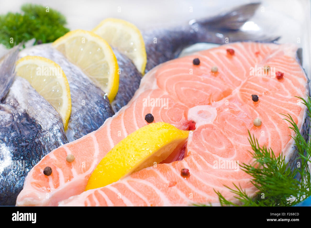 red fish trout with lemon and spices Stock Photo Alamy
