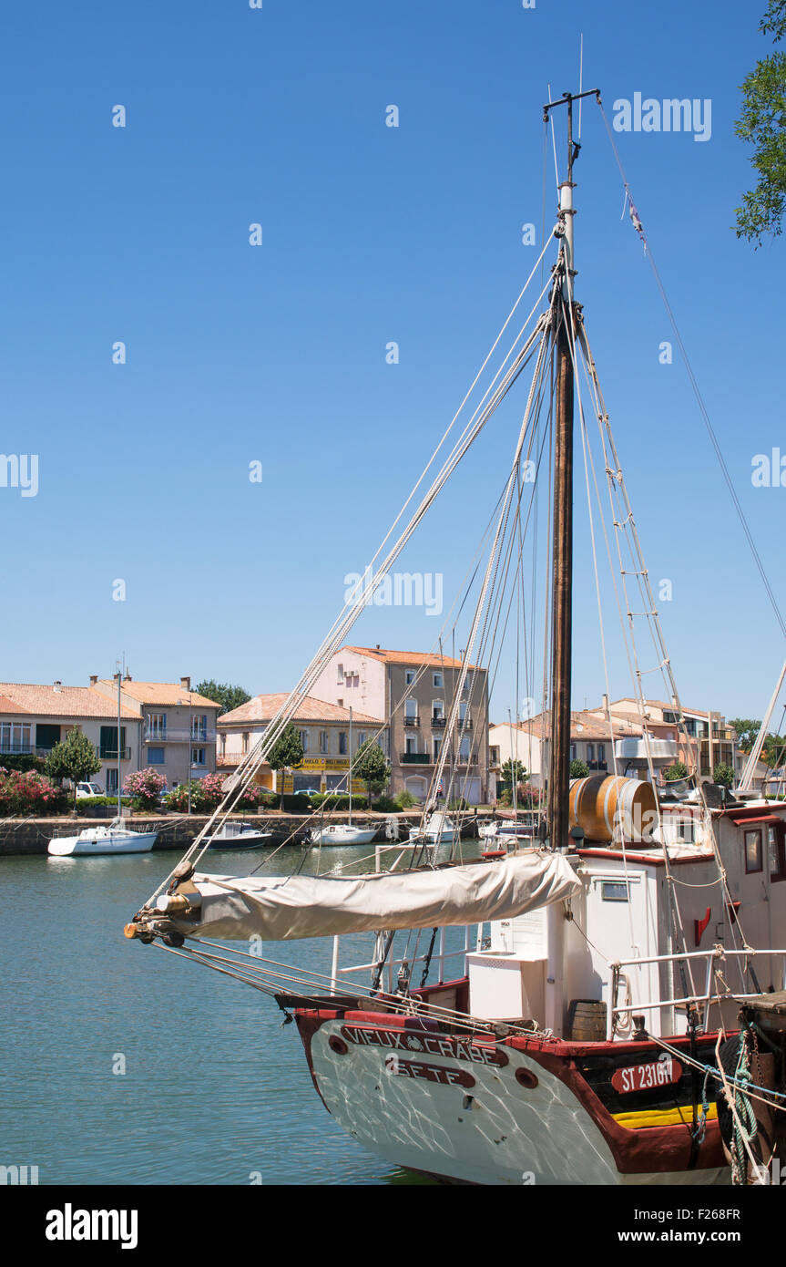 Old sailing boat Vieux Crabe moored at Agde,  Hérault,  Languedoc-Roussillon, France, Europe Stock Photo
