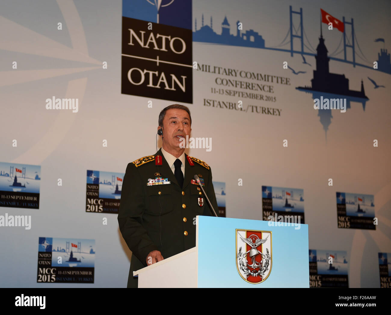 Istanbul, Turkey. 12th Sep, 2015. Turkish Chief of General Staff Hulusi Akar answers questions at a press meeting during the NATO 2015 Military Committee Conference, in Istanbul, Turkey, on Sept. 12, 2015. NATO top commanders vowed to continue their fight against terrorism of any kind as they wrapped up a close-door meeting here on Saturday. © He Canling/Xinhua/Alamy Live News Stock Photo