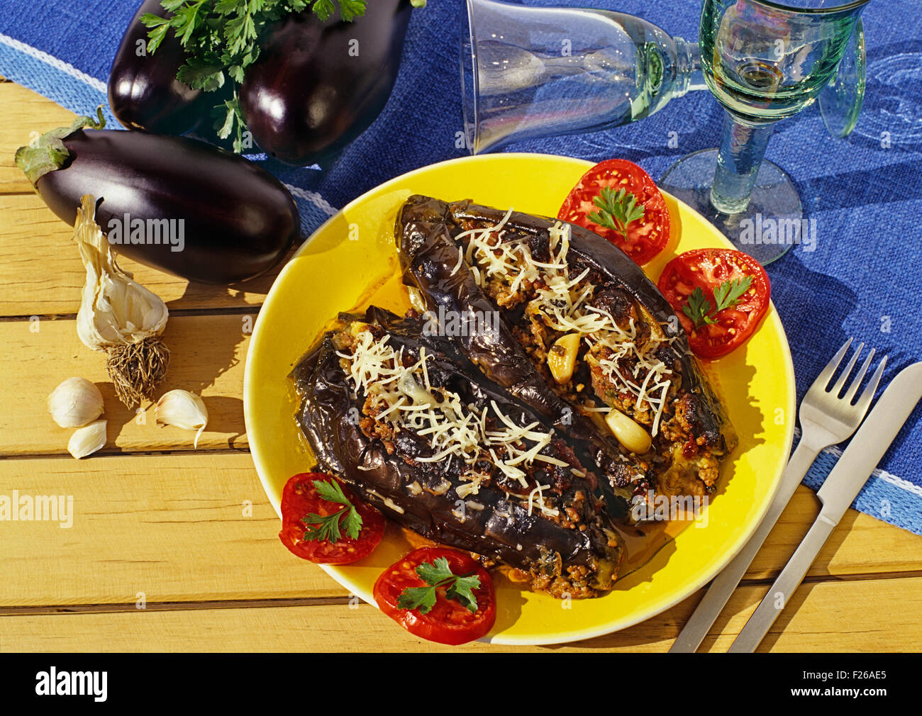 Stuffed eggplants - a typical Greek dish Stock Photo