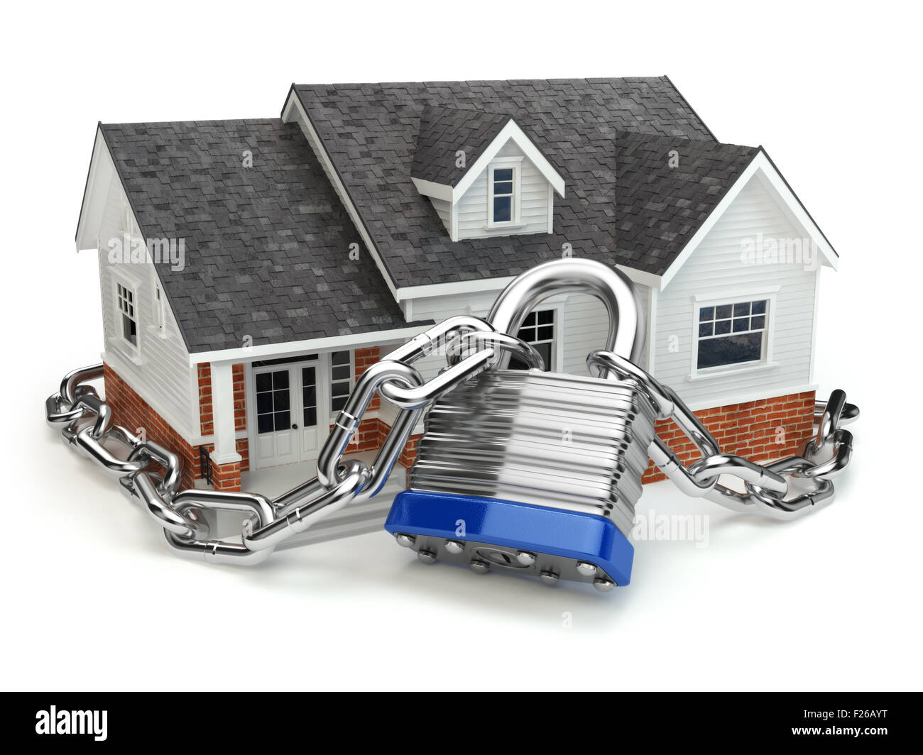 Home security concept. House with lock and chain. 3d Stock Photo