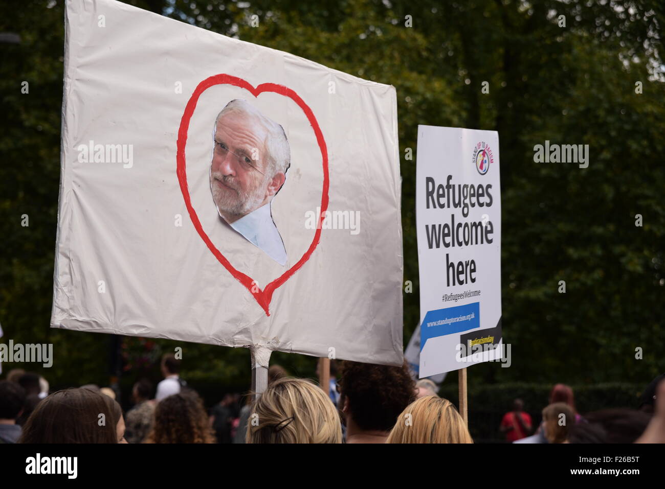 London, UK. 12th Sep, 2015. Thousands march through central London on a demonstration to say "refugees welcome here". Stock Photo