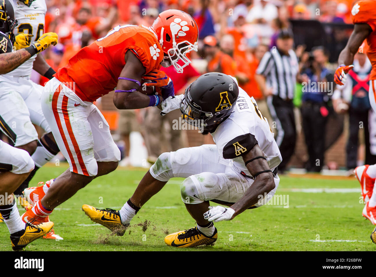 Clemson Tigers running back Wayne Gallman (9) runs over Appalachian State Mountaineers defensive back Alex Gray (3) at the goal line September 12, 2015 in action during the NCAA Football game between Appalachian State Mountaineers and Clemson Tigers at Death Valley in Clemson, SC. David Grooms/CSM Stock Photo