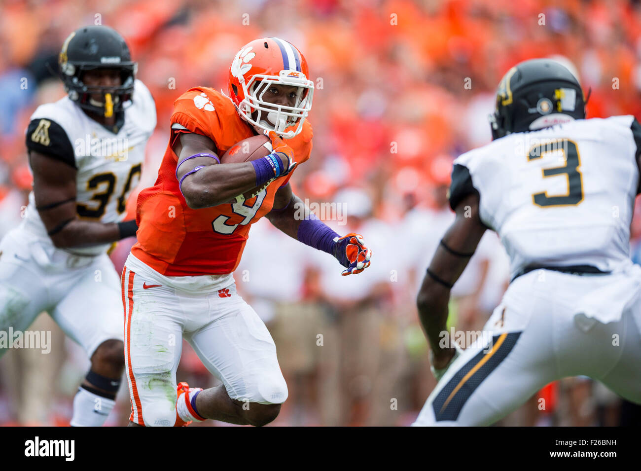Clemson running back Wayne Gallman (9) runs over App State defensive back Alex Gray (3) to score a touchdown during the NCAA college football game between Clemson and Appalachian State on Saturday Sep. 12, 2015 at Memorial Stadium, in Clemson, S.C. Jacob Kupferman/CSM Stock Photo