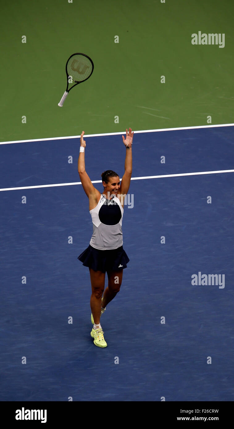 New York, USA. 12th Sep, 2015. Flavia Penetta of Italy celebrates after defeating countrywoman Roberta Vinci 7-6 (7-4), 6-2, in the finals of the U.S. Open at Flushing Meadows, New York on the afternoon of September 12th, 2015. Credit:  Adam Stoltman/Alamy Live News Stock Photo