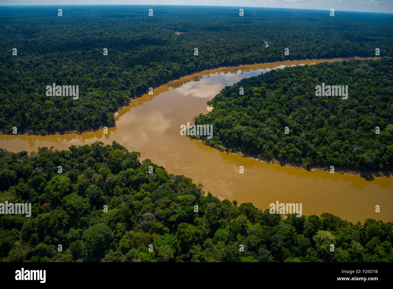 Rainforest aerial, Mouth of the Yavari-Mirin River entering Yavari River and primary forest, Amazon Region, Peru Stock Photo