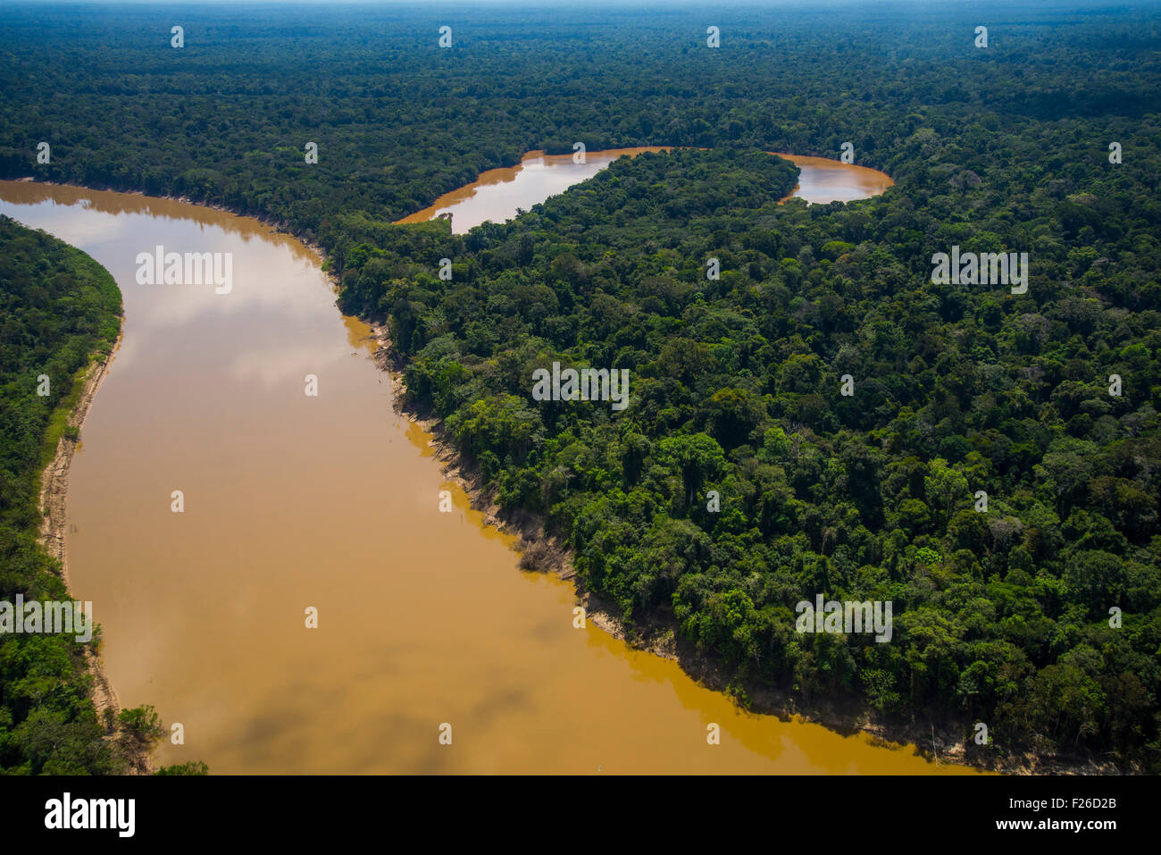 Rainforest aerial, Yavari River and oxbow lake and primary Amazonian forest, Brazil on left bank, Peru on right Stock Photo