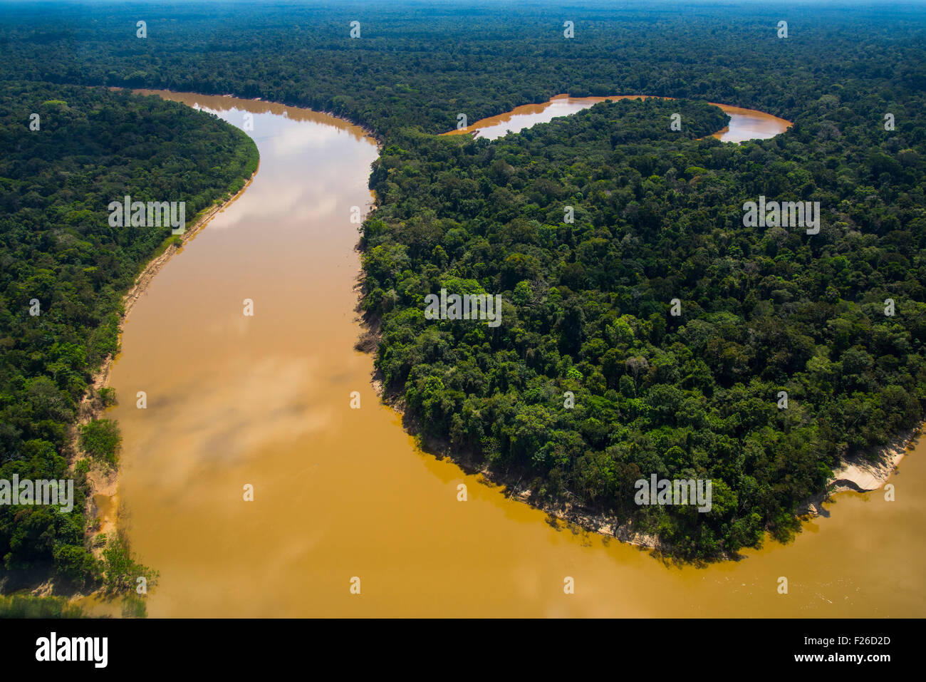 Rainforest aerial, Yavari River and oxbow lake and primary Amazonian forest, Brazil on left bank, Peru on right Stock Photo