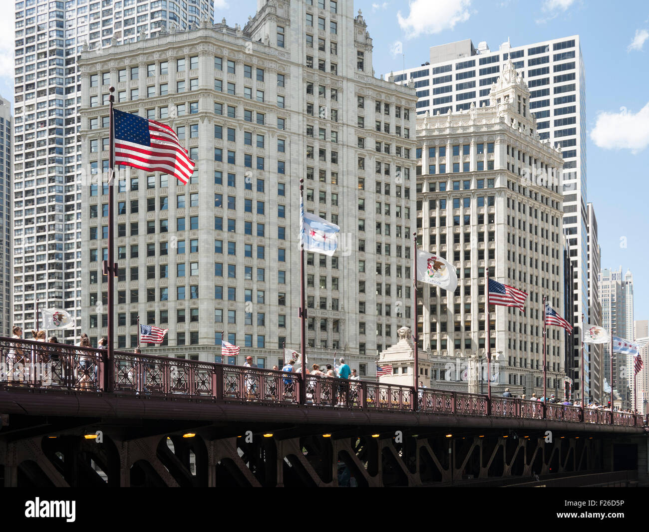 Tourists walking on DuSable Bridge Michigan Ave, Chicago, IL. Stock Photo