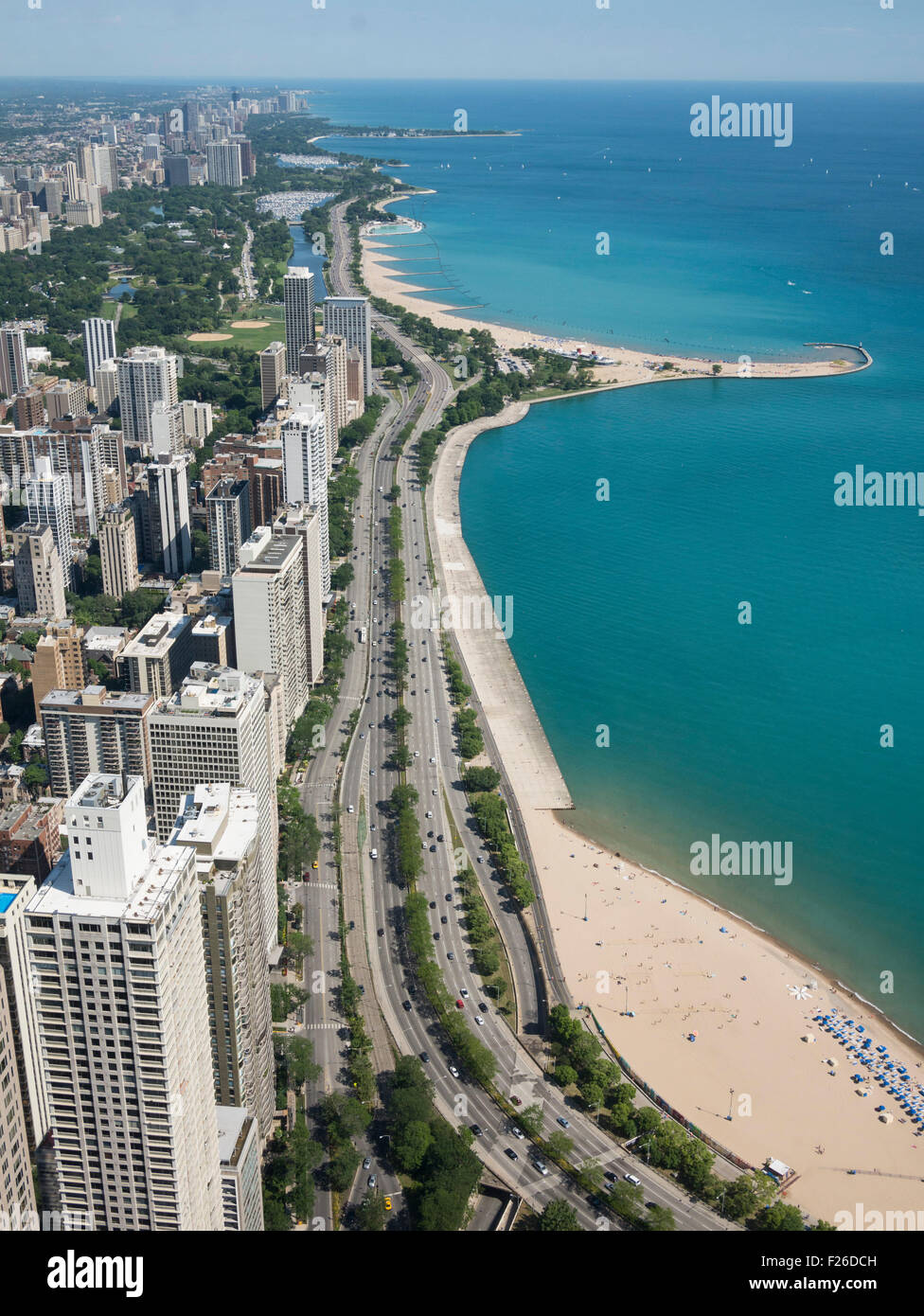 Aerial view of Chicago skyline and lake Michigan to the north of John ...