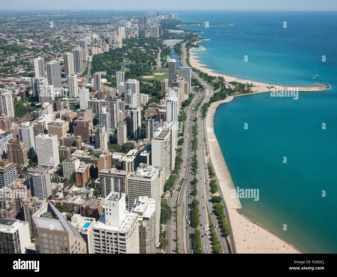 Aerial view of Chicago skyline and lake Michigan to the north of John ...