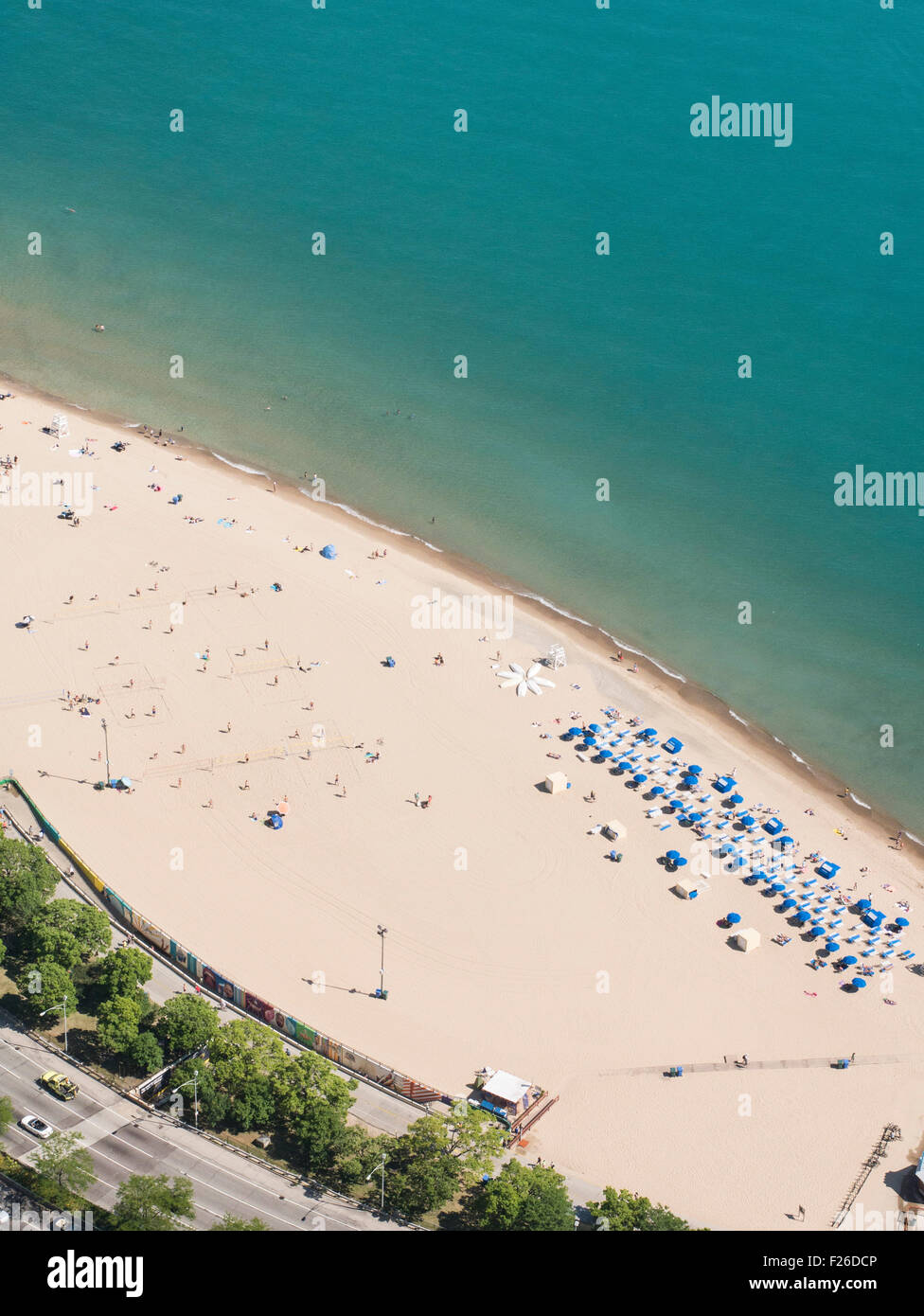 Aerial view of Chicago skyline and lake Michigan to the north of John ...