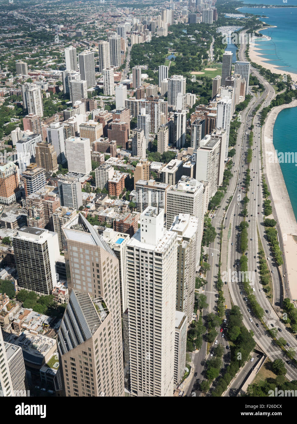 Aerial view of Chicago skyline and lake Michigan to the north of John ...