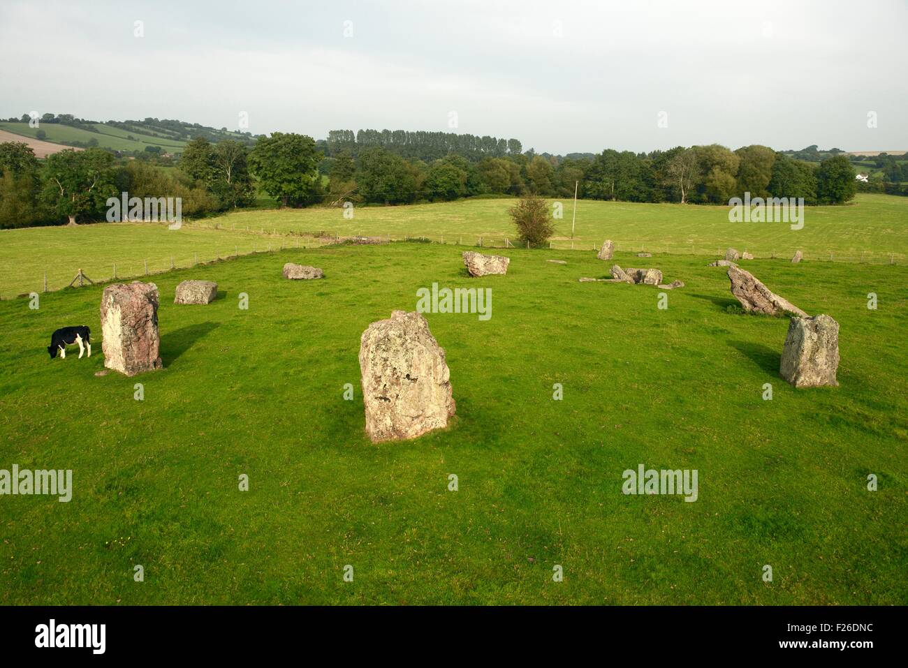 Stanton Drew, Somerset, England. Across the 4000+ years prehistoric stones of the northeast circle seen from the southeast Stock Photo