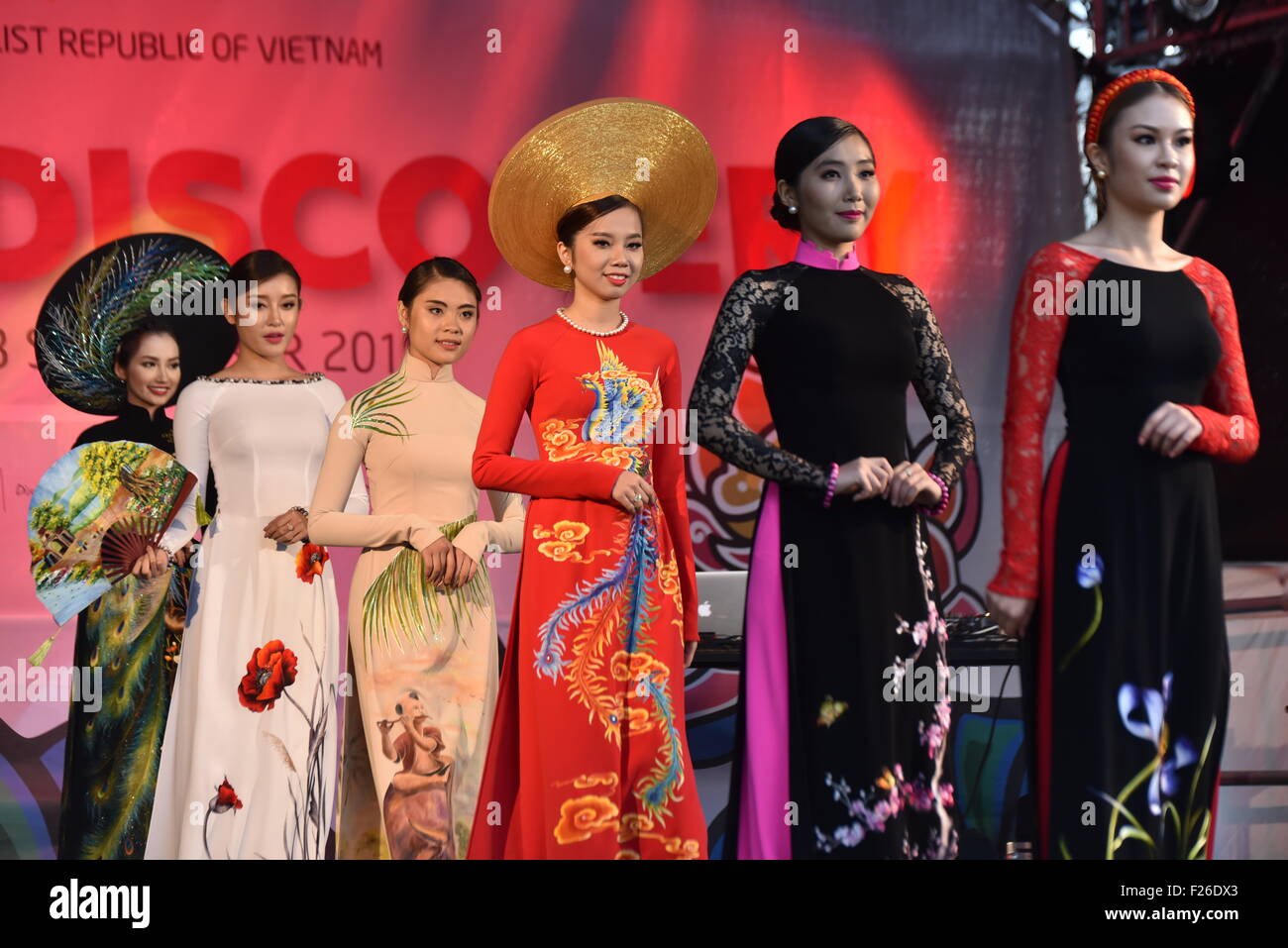 London, UK. 12th September, 2015. Models wearing the latest designs of ...