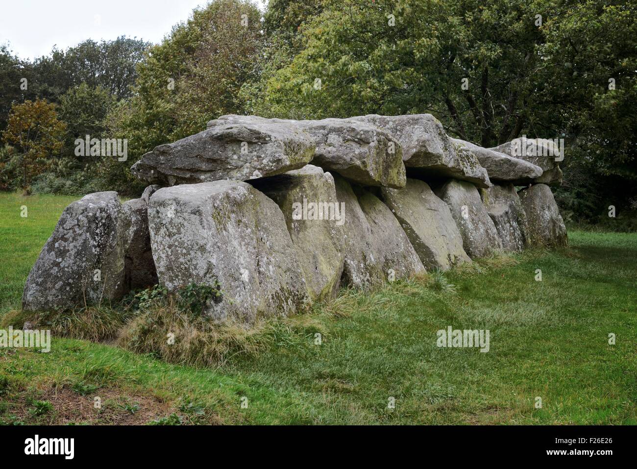5000 year prehistoric passage grave allee couverte of Mougau Bihan near village of Commana, Finisterre, Brittany, France Stock Photo