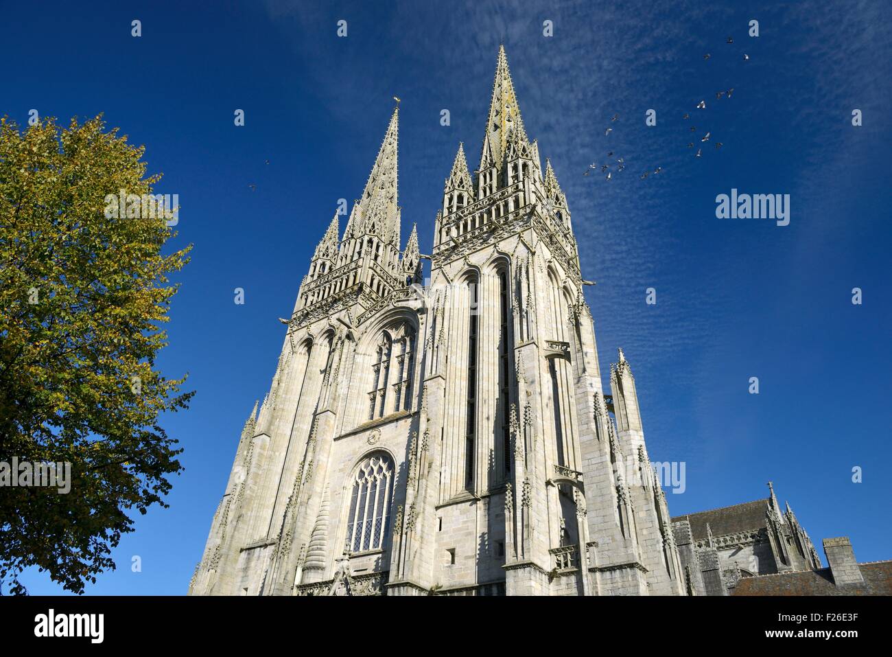 Twin spires of the Cathedral of Saint Corentin in the mediaeval city centre of Quimper, Finistere, Brittany, France Stock Photo