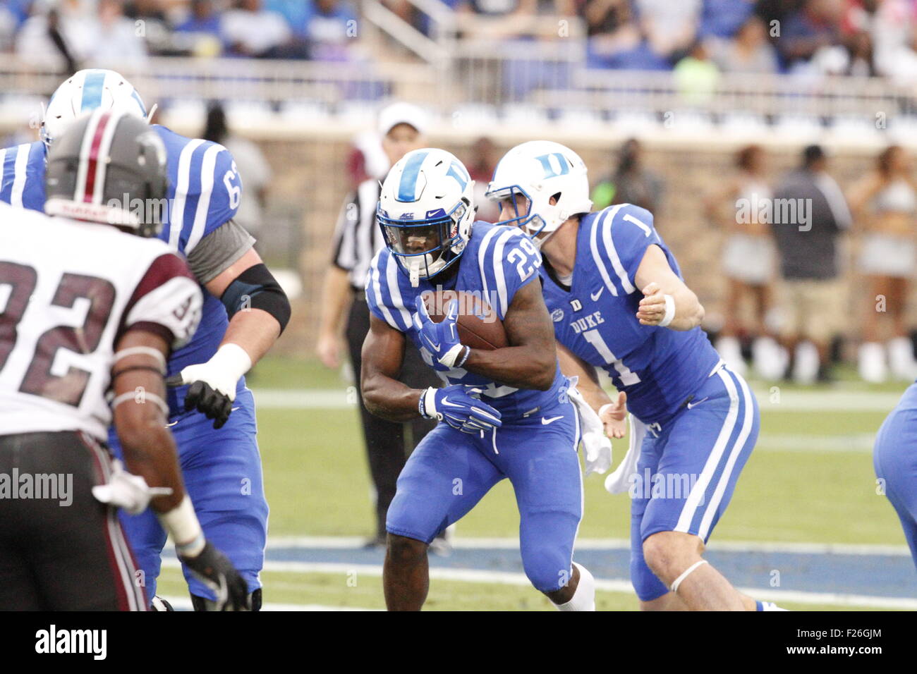 Durham, NC, USA. 12th Sep, 2015. Shaun Wilson (29) of the Duke Blue Devils gets the handoff in the first quarter of the NCAA football matchup between the NC Central Eagles and the Duke Blue Devils at Wallace Wade Stadium in Durham, NC. Scott Kinser/CSM/Alamy Live News Stock Photo