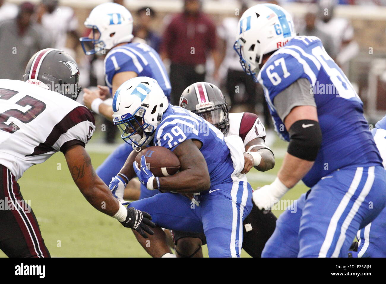Durham, NC, USA. 12th Sep, 2015. Shaun Wilson (29) of the Duke Blue Devils driving the ball upfield during the NCAA football matchup between the NC Central Eagles and the Duke Blue Devils at Wallace Wade Stadium in Durham, NC. Scott Kinser/CSM/Alamy Live News Stock Photo