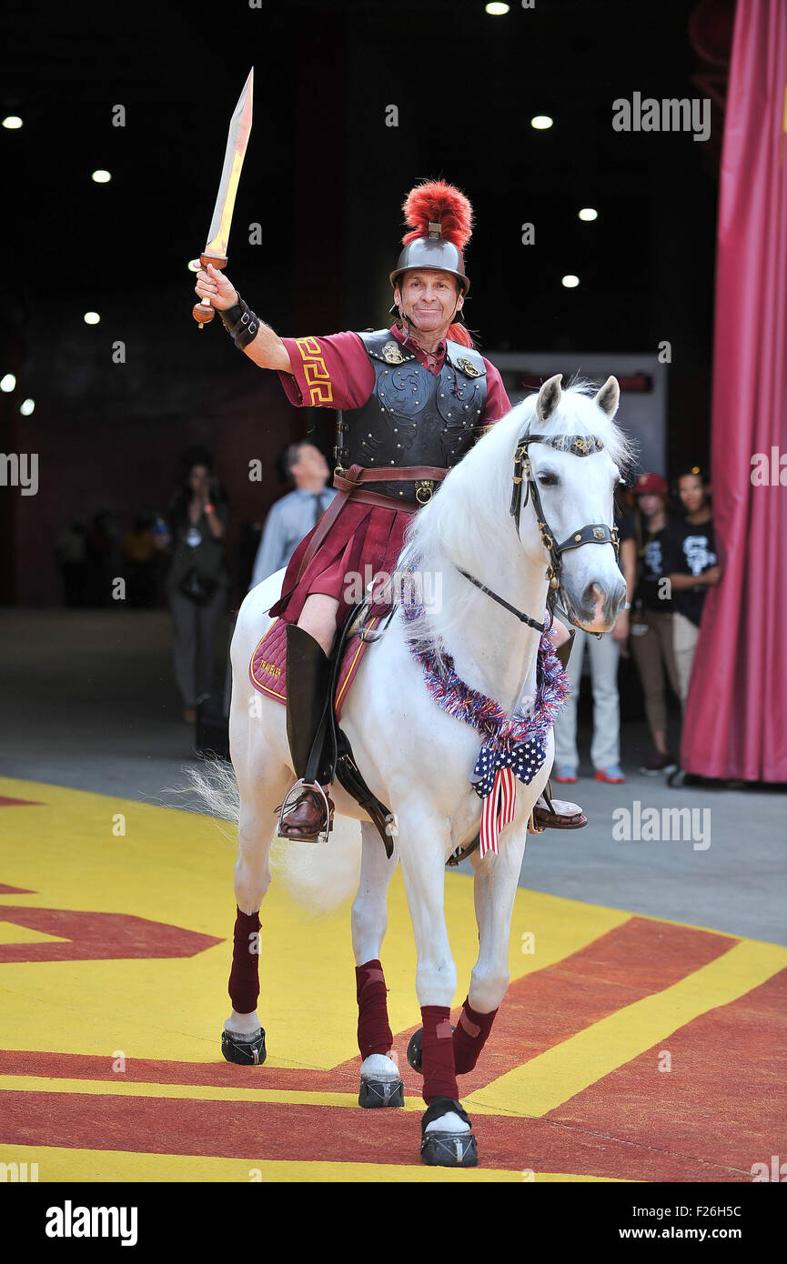 Los Angeles, CA, USA. 12th Sep, 2015. USC Trojans Mascot Tommy Trojan before the NCAA Football game between the Idaho Vandals and the USC Trojans at the Coliseum in Los Angeles, California.Louis Lopez/CSM/Alamy Live News Stock Photo