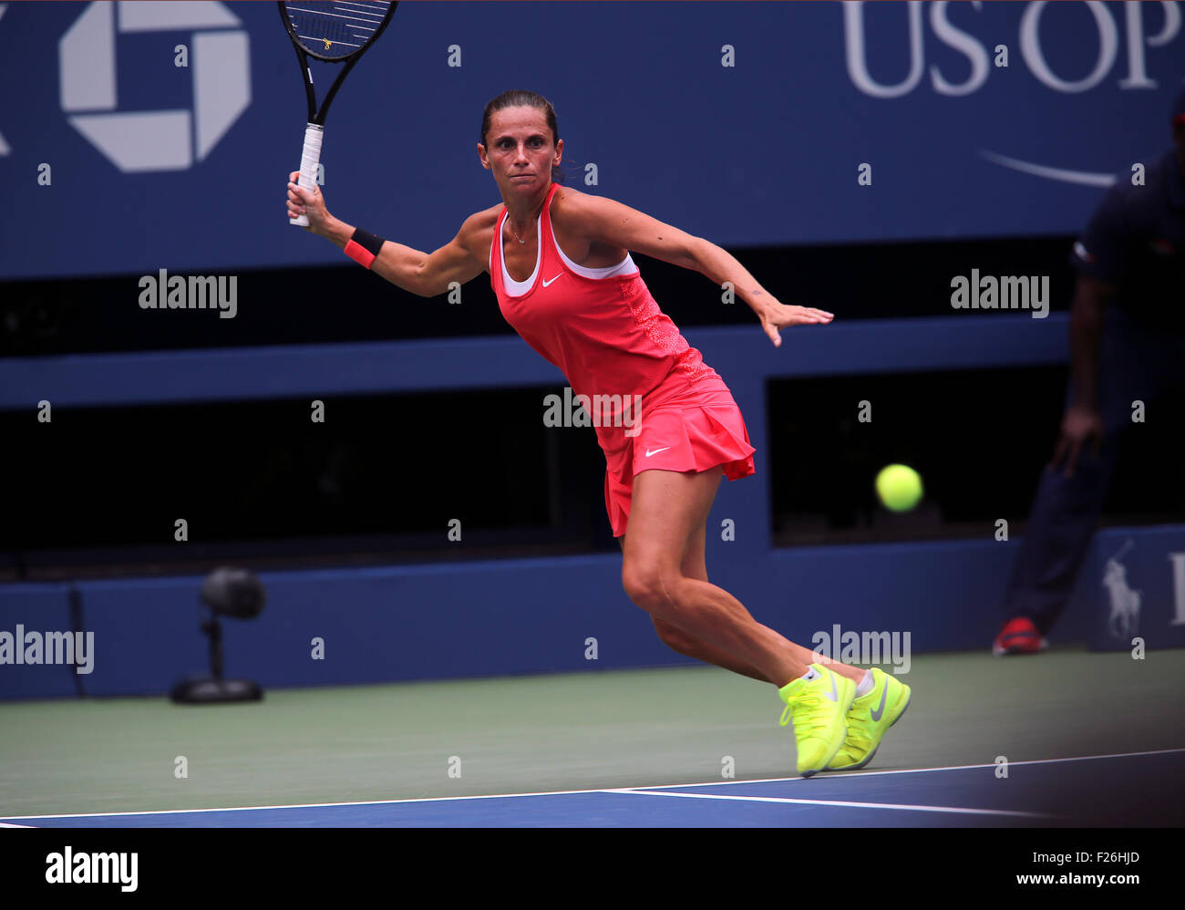 New York, USA. 12th Sep, 2015. Roberta Vinci of Italy sets up a forehand to countrywoman Flavia Penetta during the women's final of the U.S. Open at Flushing Meadows, New York on the afternoon of September 12th, 2015.  Pennetta won the match 7-6 (7-4), 6-2 Credit:  Adam Stoltman/Alamy Live News Stock Photo