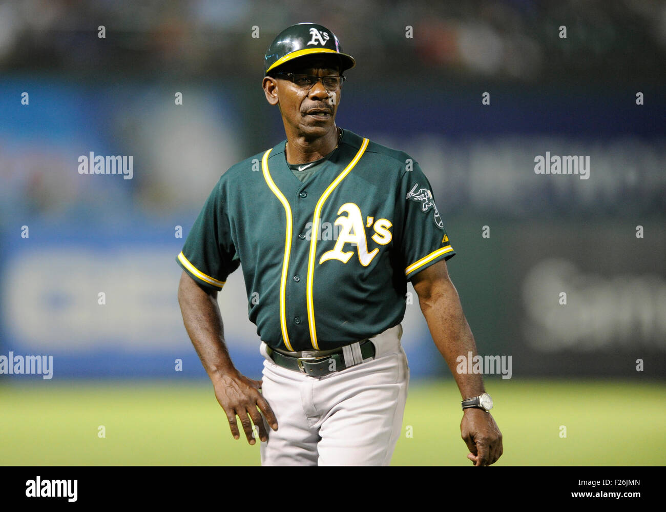 Arlington, Texas, USA. 12th September, 2015. Former Texas Rangers manager and current Oakland