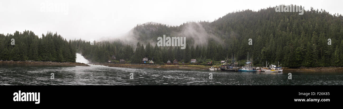 Panorama of the Warm Springs Bay, including  the Warm Springs River and the small community of Baranof Warm Springs, Alaska. Stock Photo