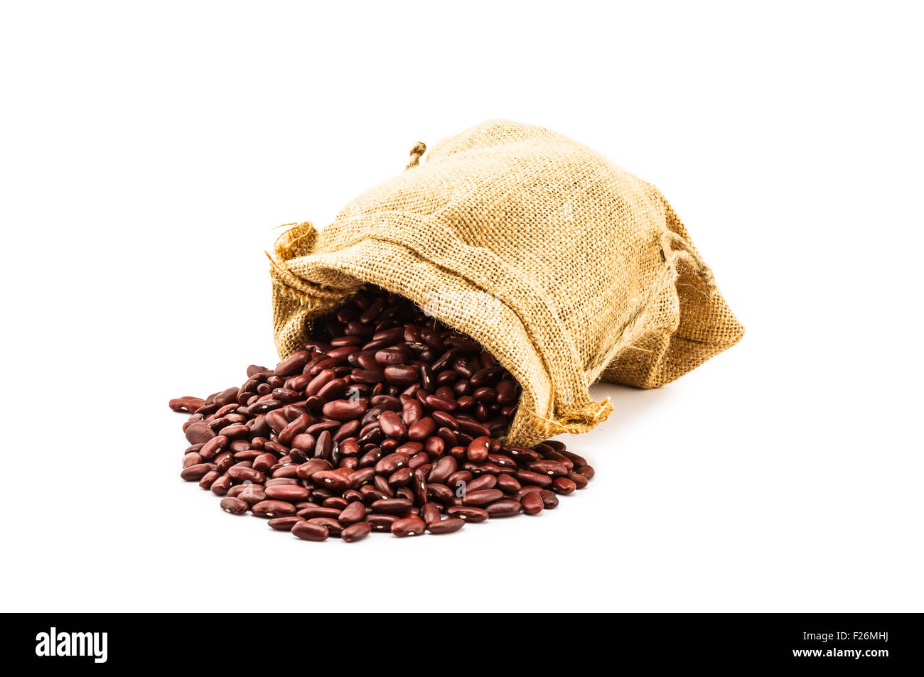 Red kidney bean in a ramie sac on white background Stock Photo