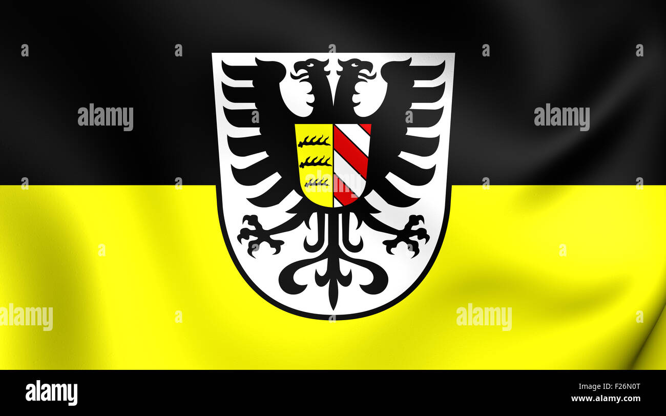 3D Flag of Alb-Donau-Kreis, Germany. Close Up. Stock Photo