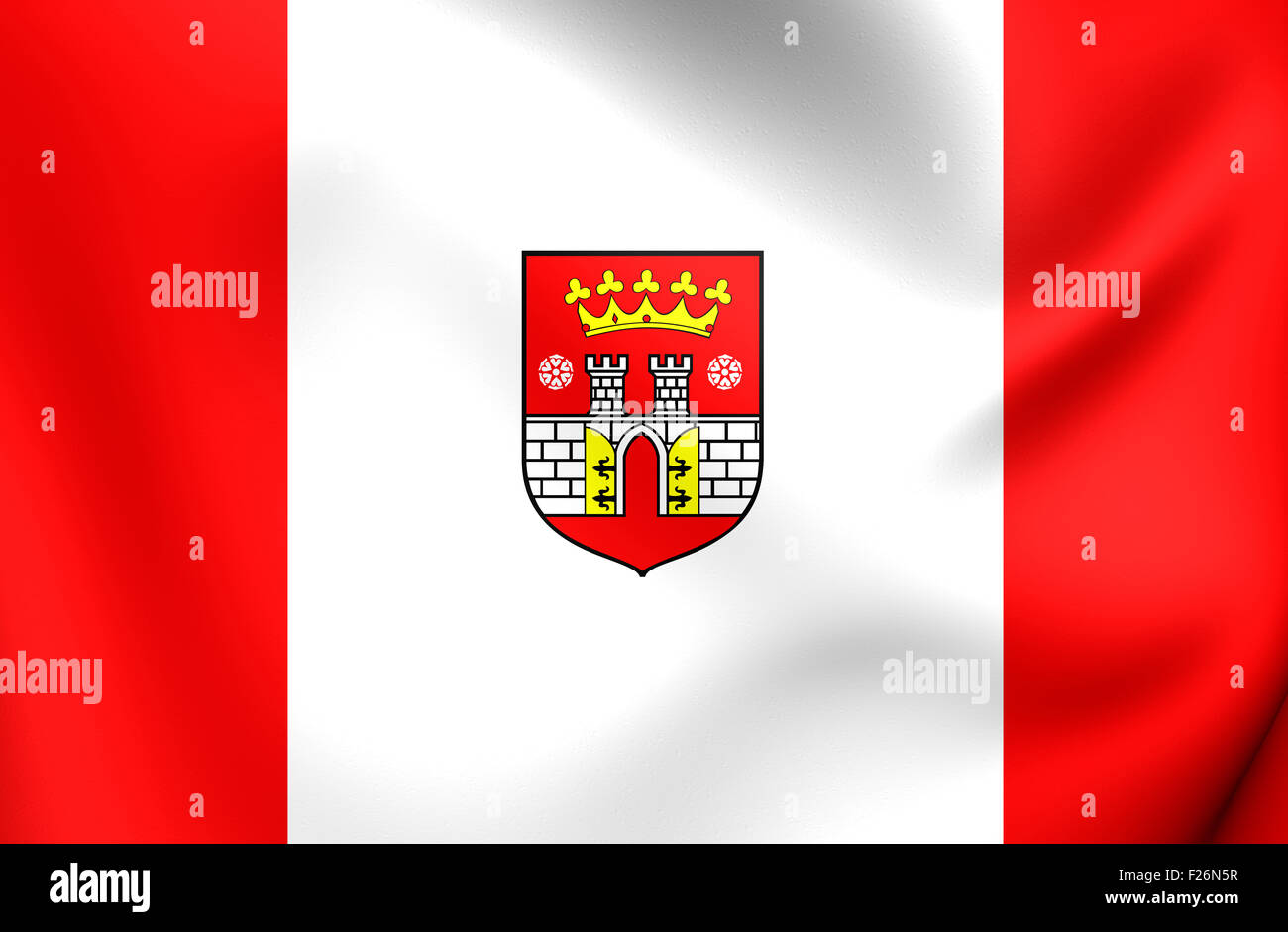 3D Flag of Bedzin City, Poland. Close Up. Stock Photo