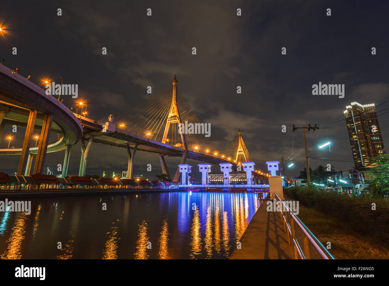 Twilight at Bhumibol Bridge in Bangkok, Thailand Stock Photo