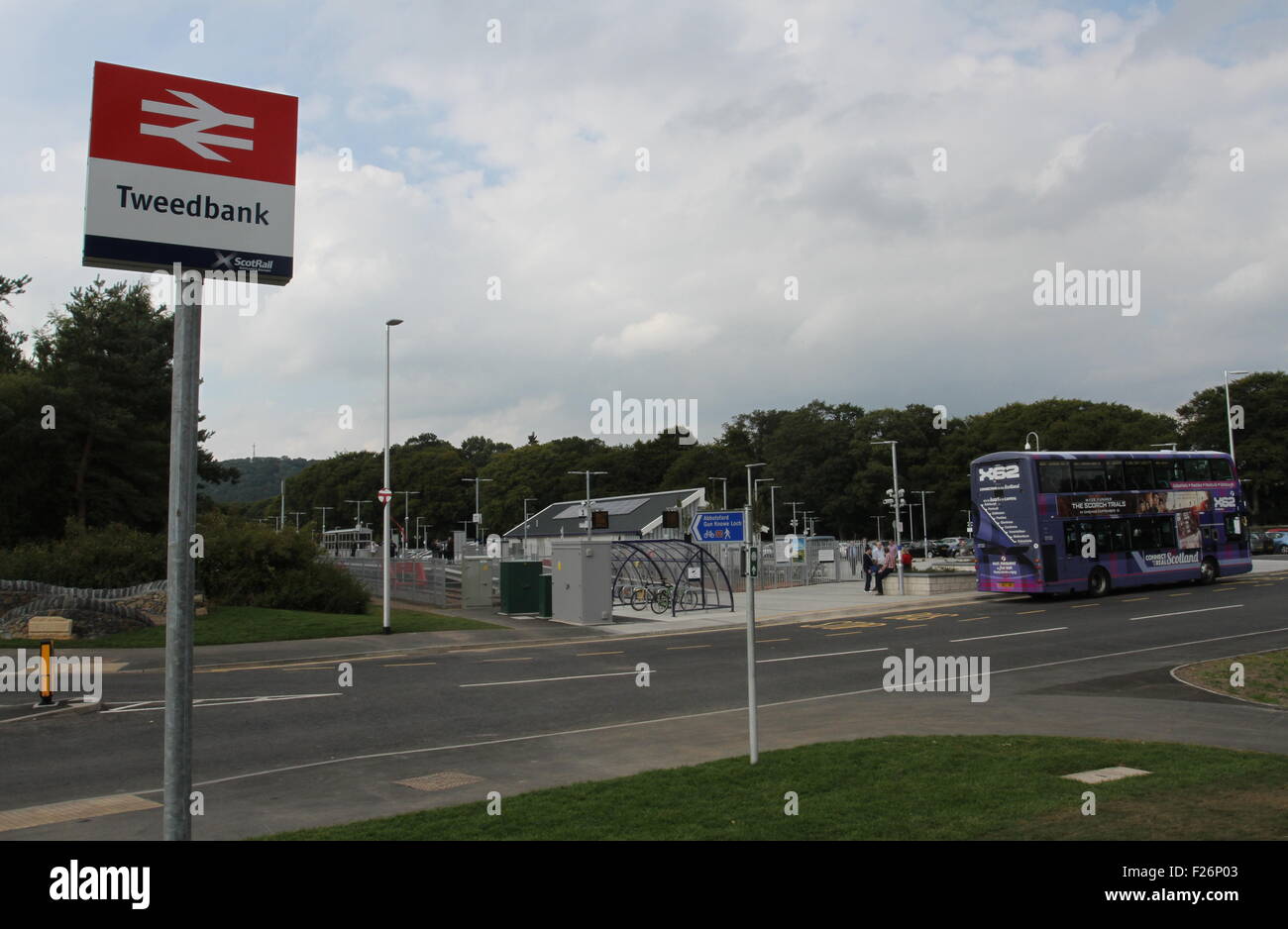 Tweedbank railway station terminus of Borders Railway with X62 bus Scotland  September 2015 Stock Photo