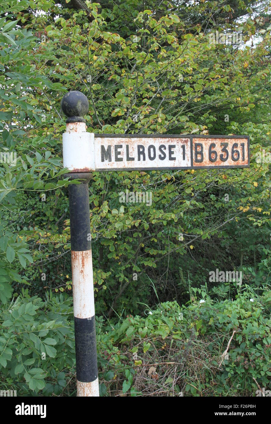 Old road sign to Melrose Scotland  September 2015 Stock Photo