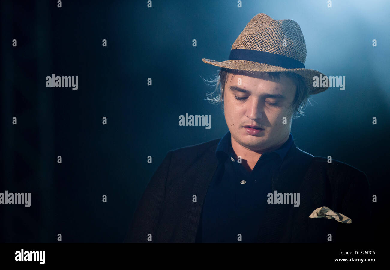 Berlin, Germany. 12th Sep, 2015. Pete Doherty of the band 'The Libertines' performs on stage during the Lollapalooza music festival on the former Tempelhof airport in Berlin, Germany, 12 September 2015. Photo: Gregor Fischer/dpa/Alamy Live News Stock Photo
