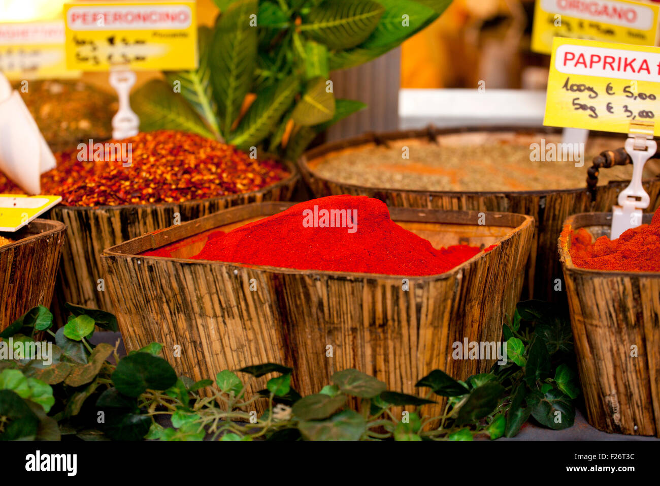 Spices on wooden basket in a street market Stock Photo Alamy
