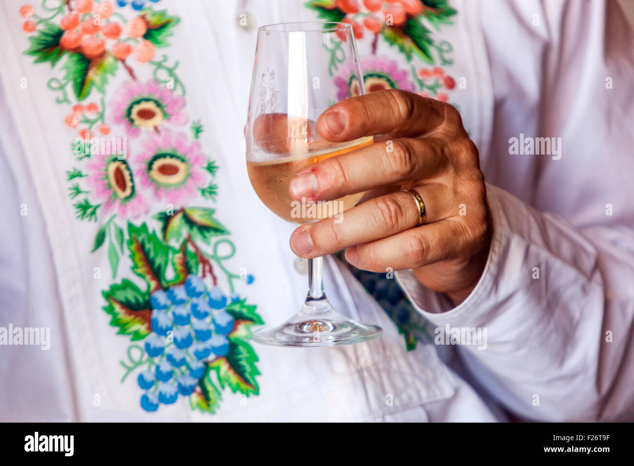 Czech folk costume and a glass of white Moravian wine, Velke Pavlovice, South Moravia, Czech Republic, Europe Stock Photo