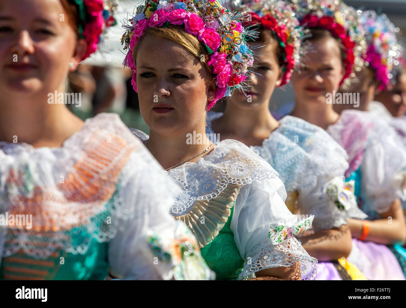 Women in folk costumes, Moravian folklore Velke Pavlovice, South Moravia, Czech Republic festival Stock Photo