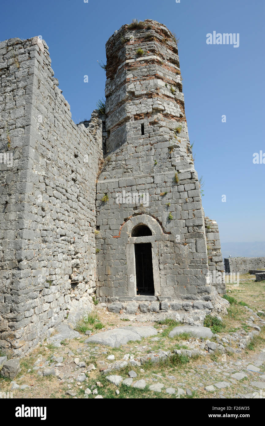 The ruins of a minaret of the Ottoman mosque in in  Rozafa castle, Kalaja e Rozafës. Shkodër, Albania. Stock Photo