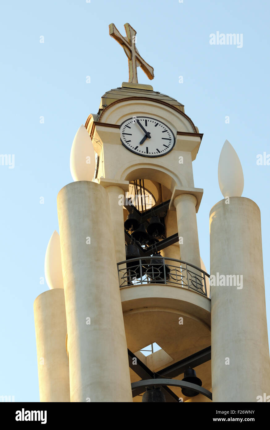 The bell and clock tower of the Resurrection of Christ Orthodox Cathedral of Tirana. Triana, Albania. Stock Photo