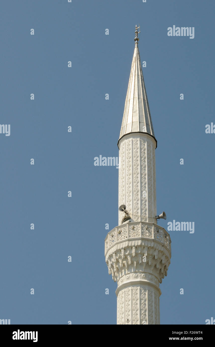Minaret of Ebu Beker Mosque, Xhamia e Madhe  Shkodër, Albania. Stock Photo