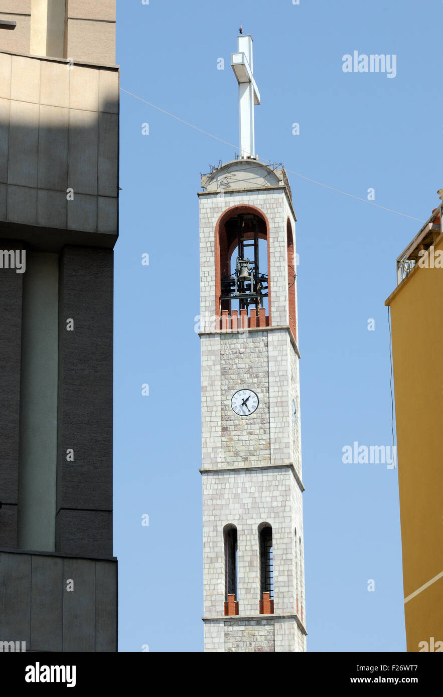 The tower of the catholic church Kisha Françeskane, Shkodër, Albania. Stock Photo