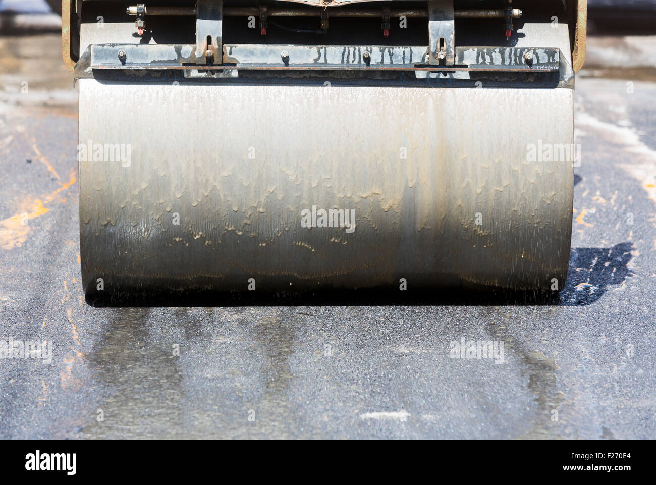Heavy Vibration roller compactor at asphalt pavement works for road repairing Stock Photo