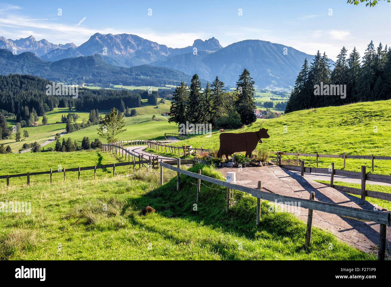 Bavarian Alps, Farm Houses, rolling green meadows and trees in valley ...
