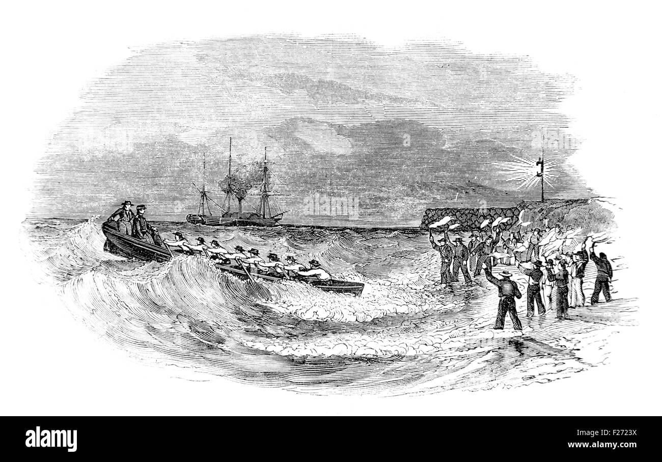 Landing the Indian Mail at Folkestone, Illustrated London News July 1844; Black and White Illustration; Stock Photo