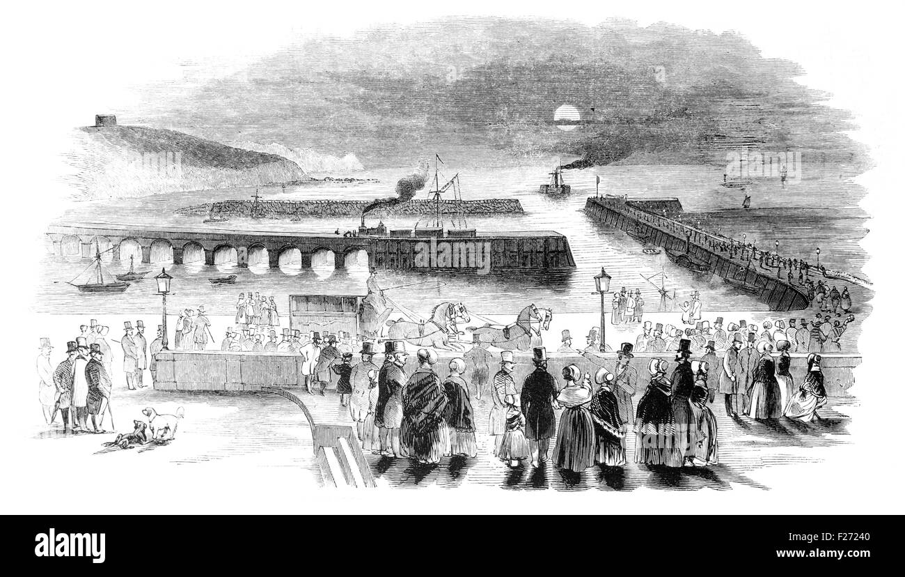 Arrival of the Indian Mail at Folkestone. Illustrated London News July 1844; Black and White Illustration; Stock Photo