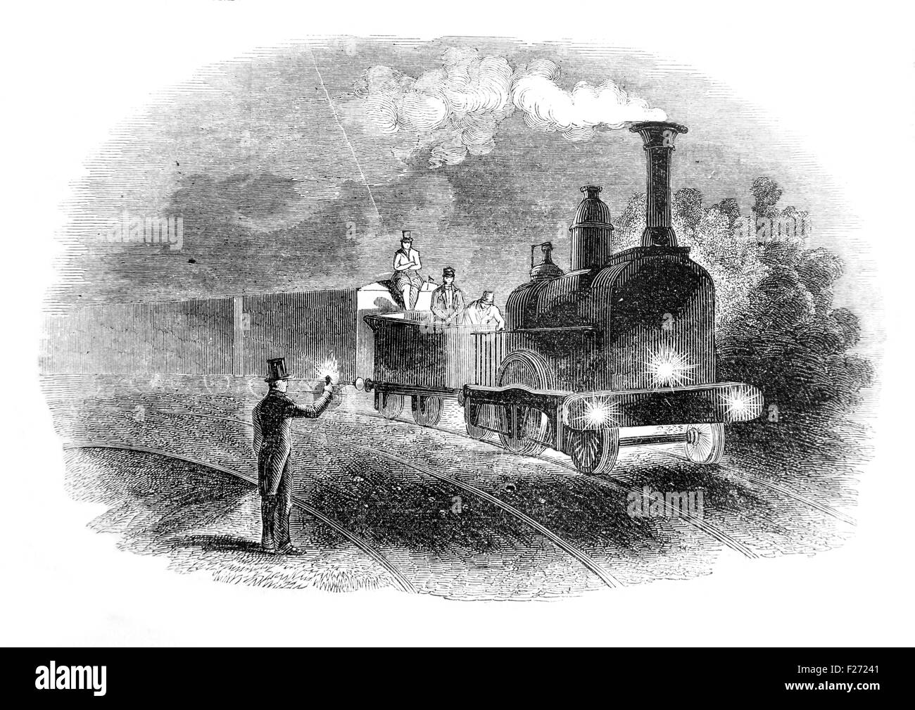 Express Train with the Mail Signals. Illustrated London News July 1844; Black and White Illustration; Stock Photo